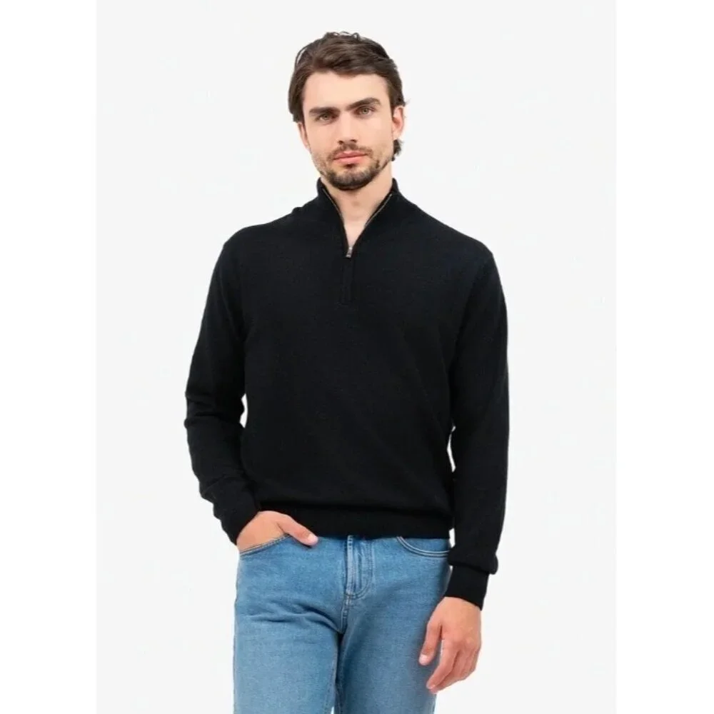 QI Cashmere Men’s Black 1/4 Zip Pullover Sweater 100% Cashmere Size M